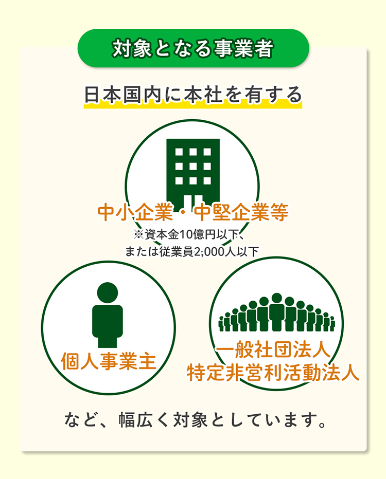 【対象となる企業】日本国内に本社を有する中堅企業・中小企業等※資本金10億円以下または従業員2,000人以上、個人事業主、一般社団法人・特定非営利活動法人など幅広く対象としています。